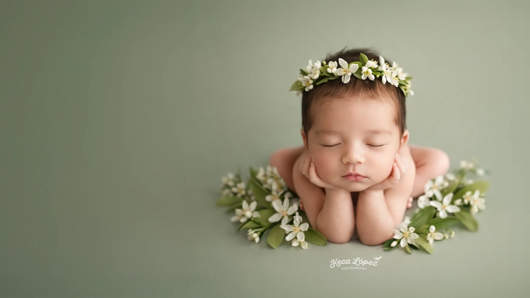Fotografía newborn de recién nacida rodeada de flores realizada en estudio en Murcia.